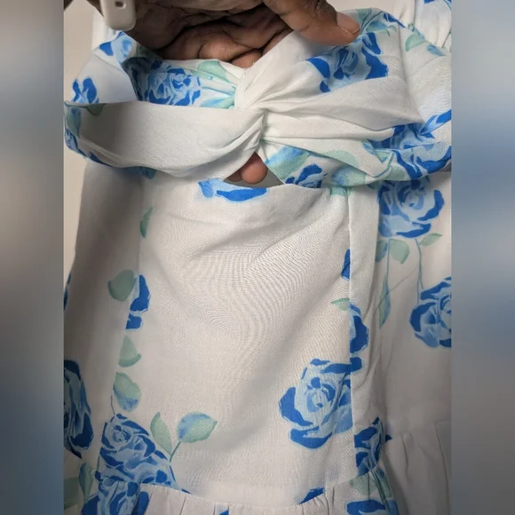 Angel Biba Dress Bubble Hem White Blue Floral Mini Dress Sz M new - Picture 3 of 8